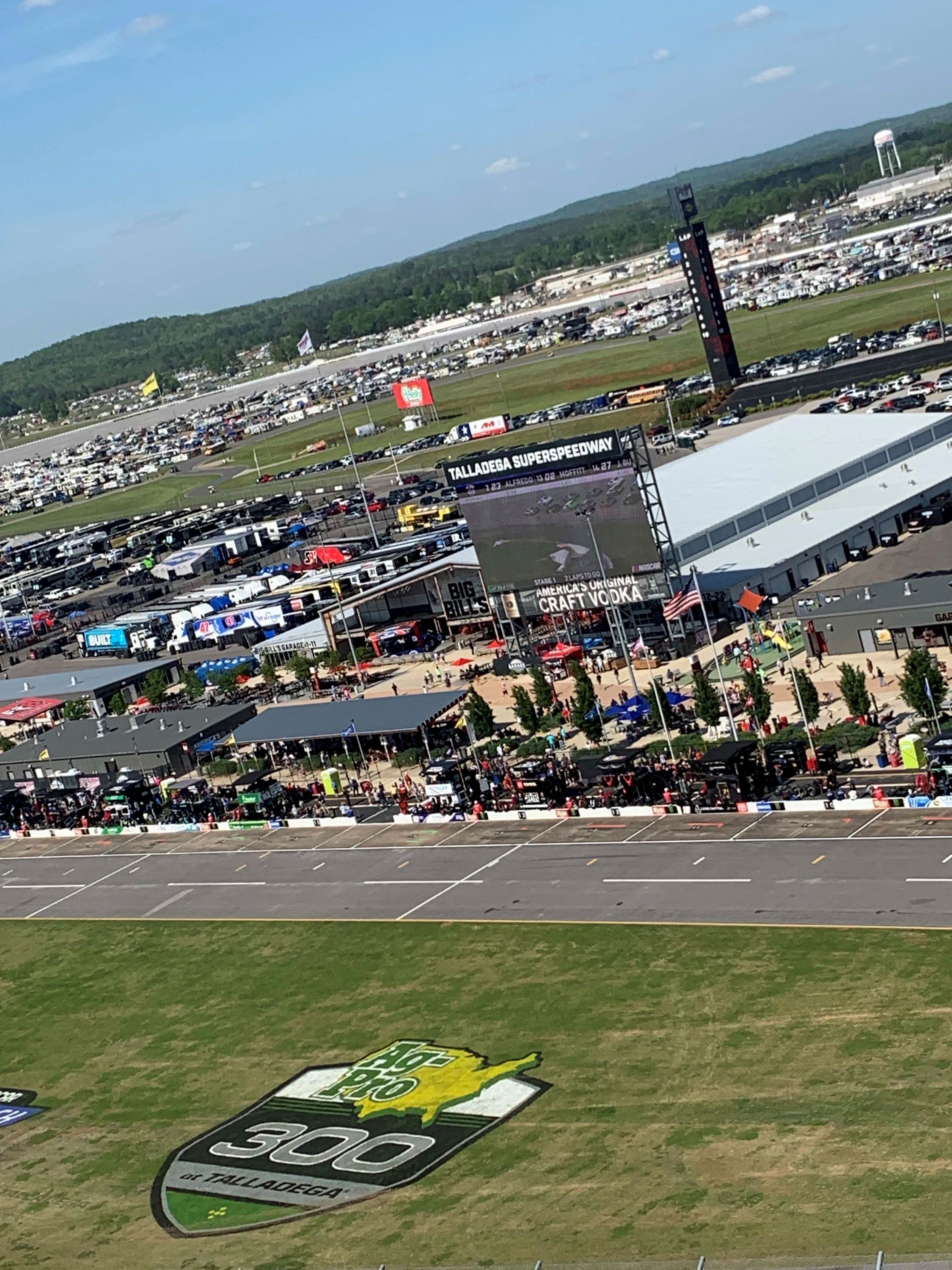 The Ag-Pro 300 logo can be seen on the grass outside of Talladega Superspeedway.