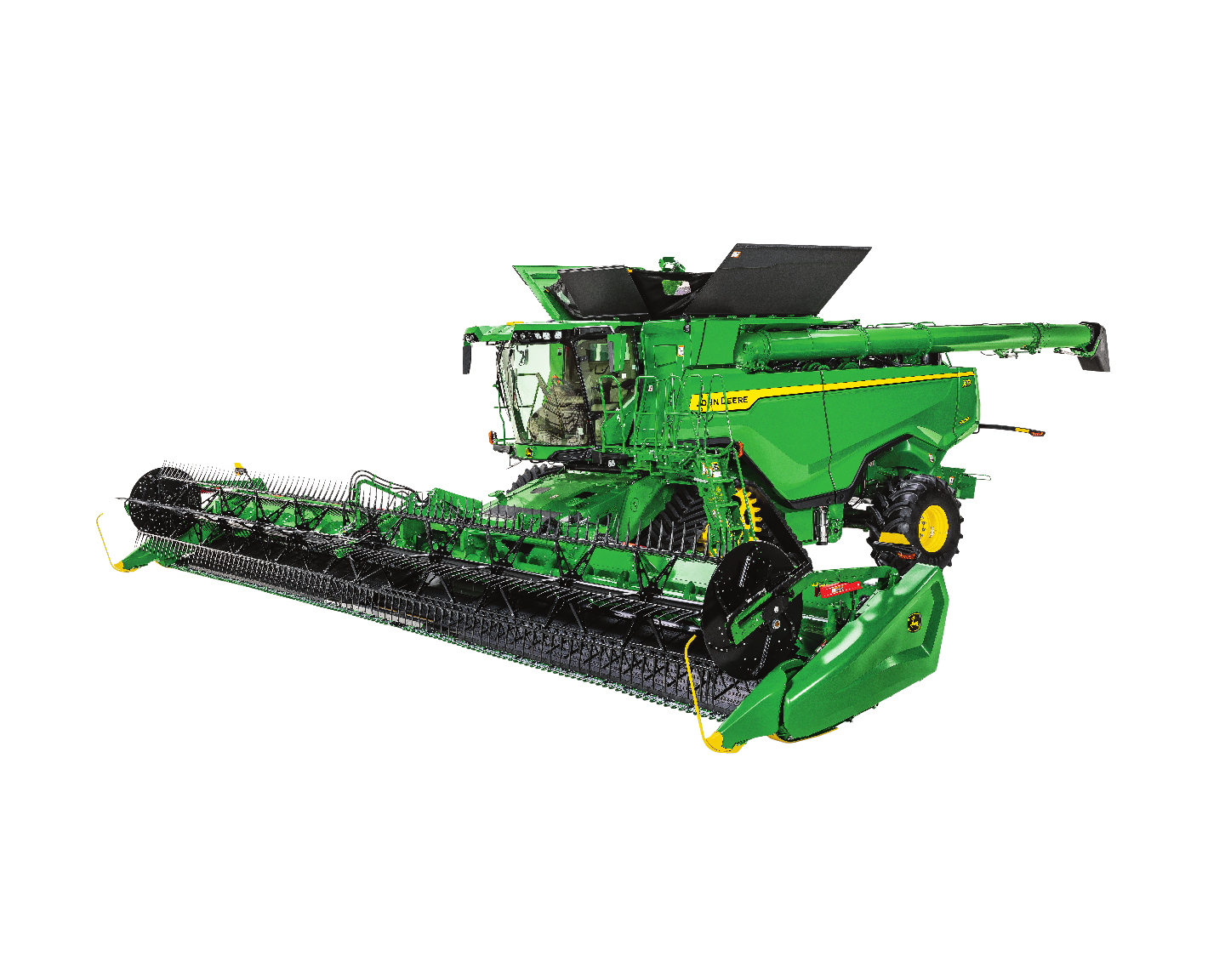 A John Deere X9 Combine with HD45R Header is pictured on a white background.