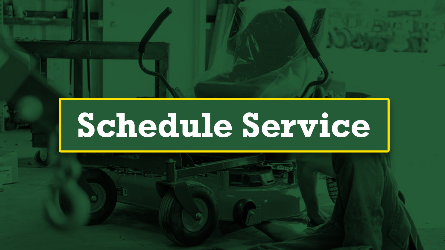 A service technician lays near a green lawn mower as he works on it. Text reads "Schedule Service."