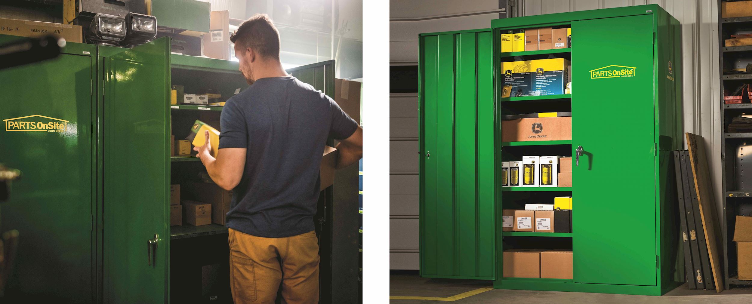 A man looks a various parts inside a green John Deere cabinet in his shop.